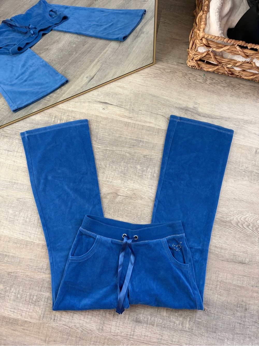 Justice Blue Velour Bedazzled Track Pants Girls 12 Y2K Style Low Rise